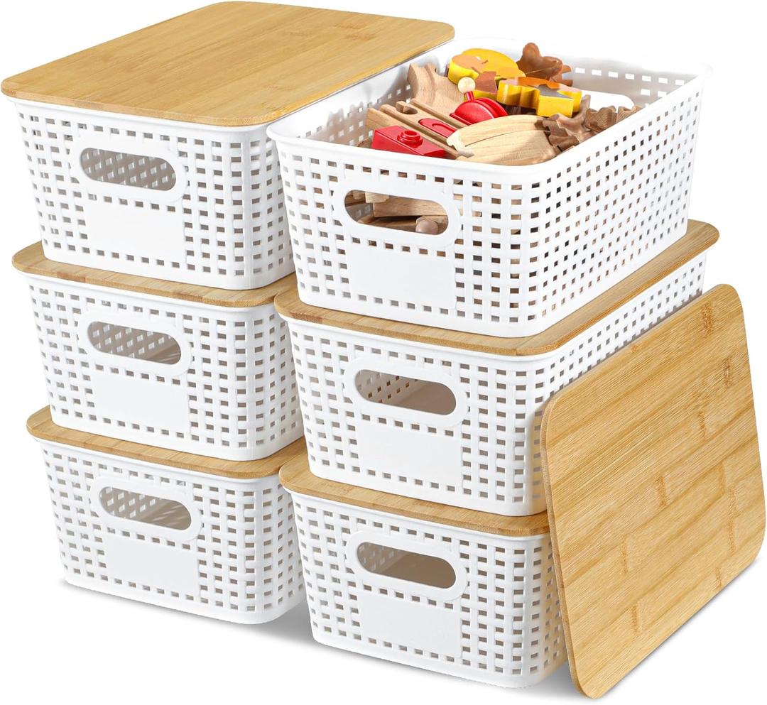 Storage Bins with Bamboo Lids, 6 Pack Plastic Storage Baskets and Storage Containers, Storage Baskets for Organizing Shelves Drawers Desktop Closet Playroom Classroom Office Home, White