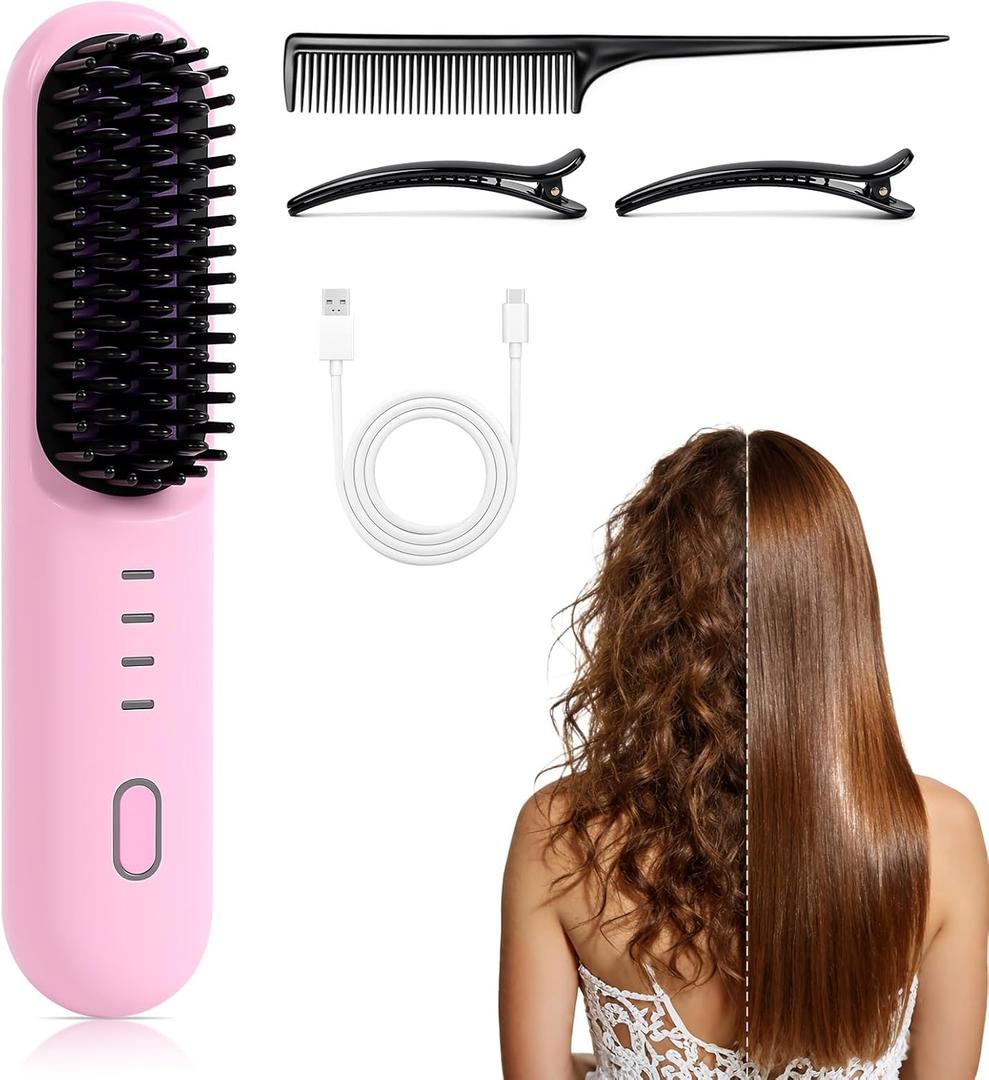 Hair Straightener Brush for Short Hair, 2026 Upgraded Cordless Straightening Brush with 30s Fast Heat, 4 Temperature Settings, Ionic & Ceramic Care, USB-C Rechargeable for Frizz-Free Styling (B-Pink)