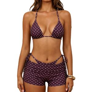 MakeMeChic Women's Polka Dots Triangle Bikini Sets Swim Shorts Y2K Leopard Striped Bathing Suit Swimsuit Small