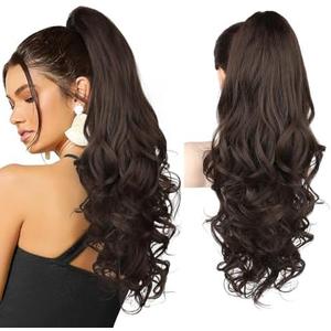 REECHO 24" Claw Clip in Ponytail Extensions Long Curly Wavy Ponytail Hair Extension Jaw Clip on Pony Tails Hairpiece for Women - Dark Chocolate Brown