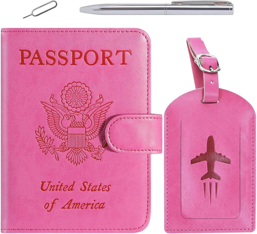 Passport Holder With Luggage Tag Cover Wallet RFID Blocking Leather Case Travel Essentials Accessories Travel Must Have(114#Pink)