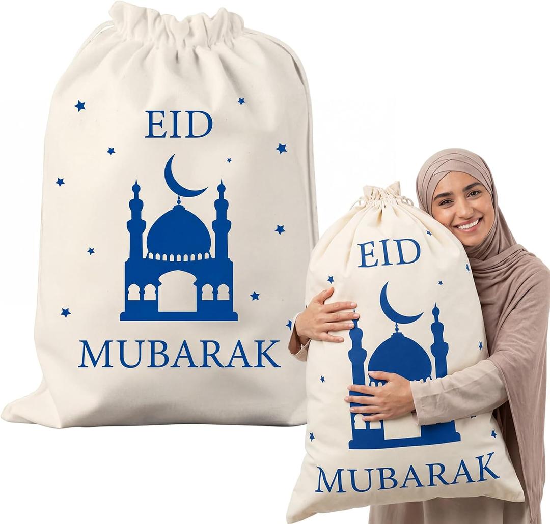 Yoojahow 2pcs 28x20inch Large Eid Mubarak Gift Bags Big Ramadan Canvas Sack Gift Bags with Drawstring for Eid Mubarak Goodie Package Storage