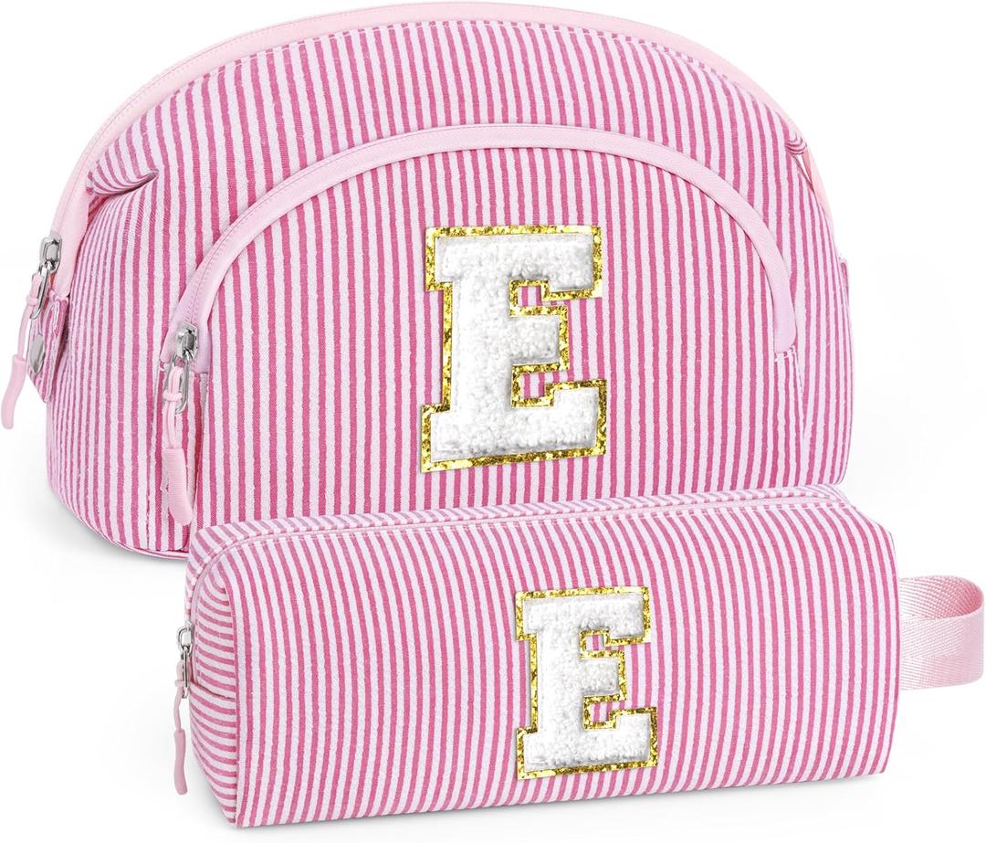 YOOLIFE Travel Makeup Bag, Monogrammed Pink Cosmetic Bags Toiletry Bags for Women Teen Girls, Birthday Gifts for Women Teen Girls, Mom Sister Girlfriend Gifts | Letter Travel Makeup Brush Bag Pink E