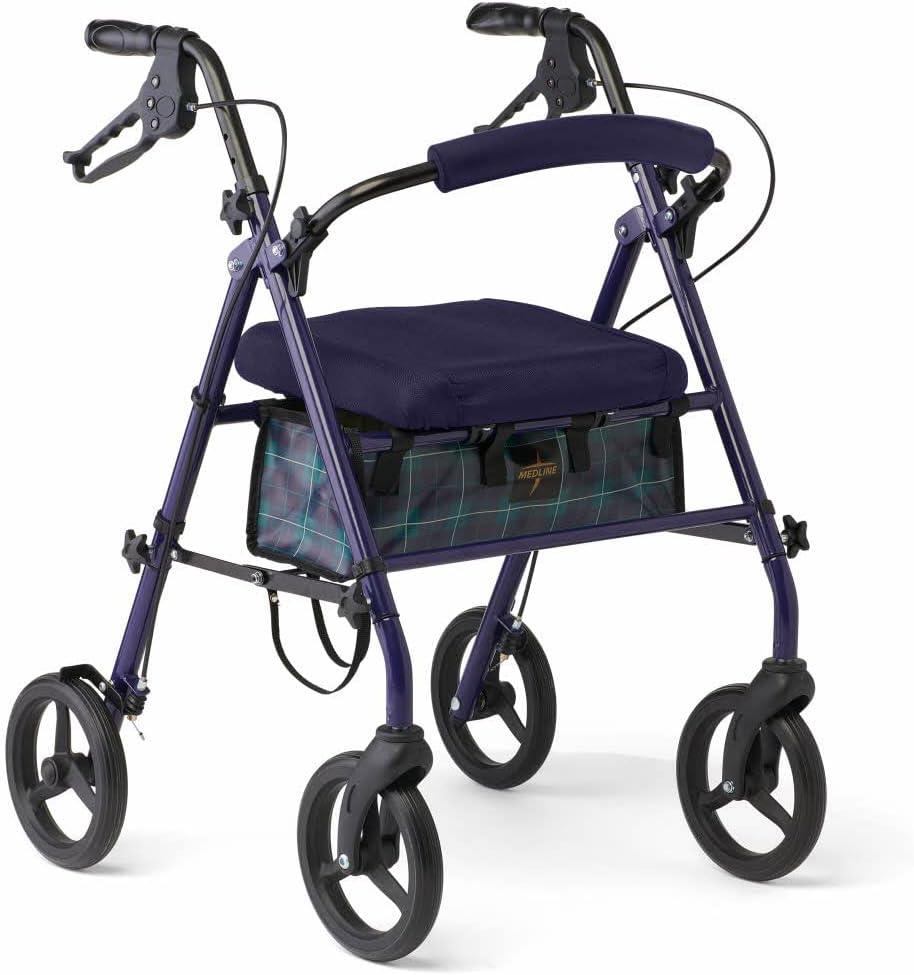 Medline Foldable Steel Rollator with Seat, Microban*, 8" Wheels, 300 lbs. Weight Capacity, Navy - Compact & Portable Mobility Aid for Independence & Comfort