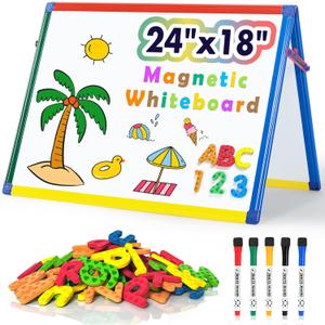 SWANCROWN Magnetic Board for Kids - Tabletop White Board for Children- 24x18 Inch Double Sided Foldable Dry Erase Board Standing with 82Pcs Alphabet Magnets Whiteboard Letters