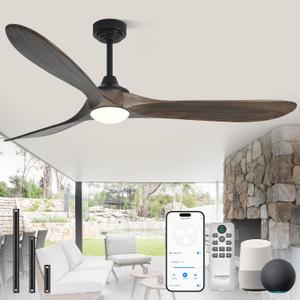 72 inch Outdoor Ceiling Fans with Lights,Smart Wood Large Ceiling Fan for Alexa,Google & APP Control,Indoor/Outdoor,3 Blades,3CCT Dimmable,Deep Brown Walnut,Downrod Mount for Patio Porch