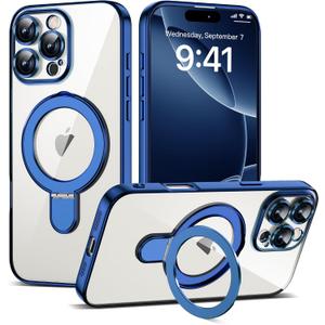 Compatible with iPhone 16 Pro Max Case with Magnetic Ring Stand [Compatible with Mag-Safe] [Full Camera Lens Protector] Plating Clear Phone Case for iPhone 16 Pro Max 6.9", Blue