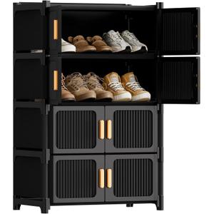 Shoe Rack, 5 Tier Shoe Storage Cabinet with 4 Doors, 15 Pair Plastic Shoe Cabinet with Waterproof, Outdoor Shoe Shelves Organizer for Entryway, Bedroom, Hallway,Living Room, Black