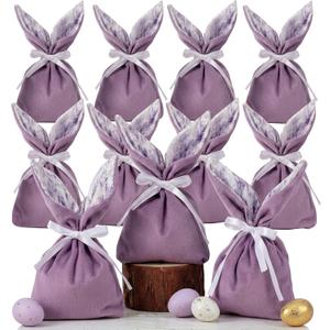 Shinylin 12 Pcs Easter Bunny Gift Bags Velvet Bunny Birthday Decoration Purple Lavender Birthday Party Favor Rabbit Reusable Goodie Treat Bag for Spring Easter Baby Shower Garden Tea Party Supplies