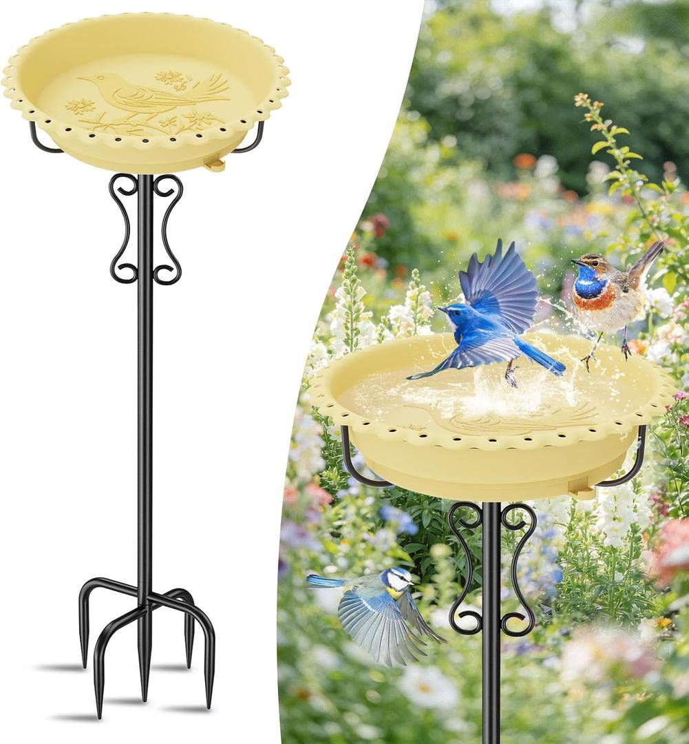 Bird Bath for Outside,40In Freestanding Birdbath with Stable Metal Stake, Rustproof Easy Clean Plastic Bowl for Garden Patio Yard Lawn Decor (Beige)