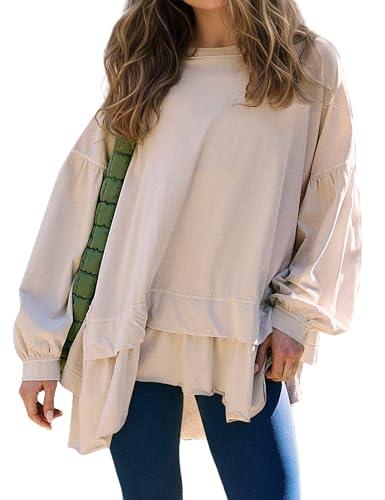 Ardrem Women Layered Ruffled Hem Oversized Sweatshirts Long Sleeve Tiered Peplum Pullover Tops Babydoll Flowy Tunic Tops( Apricot, S )