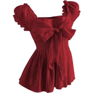 SHENHE Women's Summer Puff Sleeve Peplum Blouse Smocked Tie Bow Coquette Chiffon Shirt Top (Red, M)