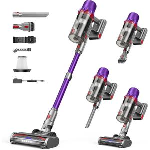 Cordless Vacuum Cleaner - Powerful Stick Vacuum with HEPA Filter, 55-Min Runtime, LED Light, Anti-Tangle Brush, Detachable Battery, Lightweight for Home, Pet Hair, Carpets & Hard Floors (Purple)