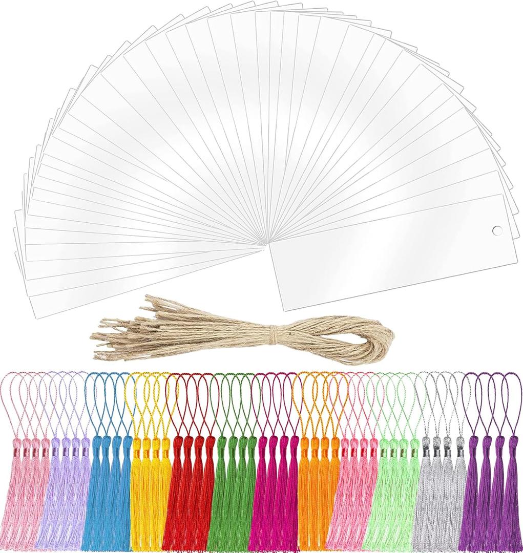 Acrylic Blank Bookmark, BetterJonny 40Pcs Clear Craft Bookmark Acrylic Book Markers with 48Pcs Bookmark Tassels and 30Pcs Ropes Unfinished Rectangle Book Marker Tags for DIY Projects and Present Tags