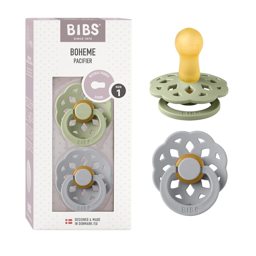 BIBS Pacifiers - Boheme Collection | BPA-Free Baby Pacifier | Made in Denmark | Set of 2 Sage/Cloud Color Premium Soothers | Size 0-6 Months