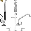 Commercial Faucet with Pre-Rinse Sprayer : 25" Height 8" Adjustable Center Wall Mount Commercial Kitchen Sink Faucet with Pull Down Spray & 10" Add-on Swing Spout for 1/2/3 Compartment Sink, Chrome