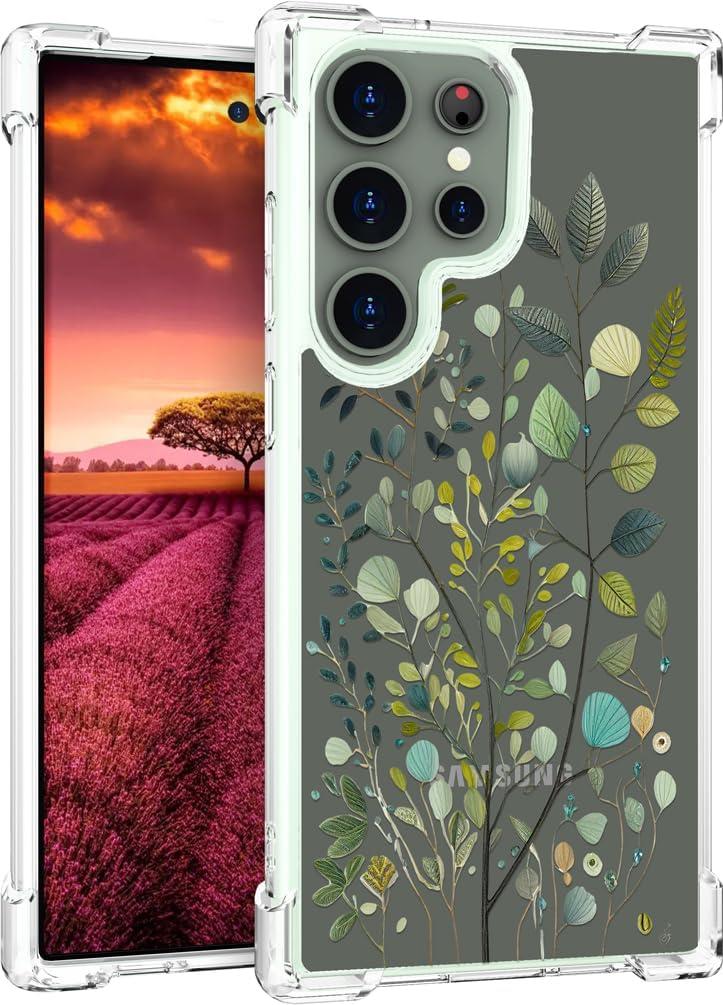 Topgraph Compatible with Samsung Galaxy S24 Ultra Case Designer Cute Clear for Women,Cool Transparent Silicone Phone Cases Cover - Green Eucalyptus Leaves