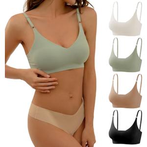 DEANGELMON V Neck Bra Padded Seamless Adjustable Straps Bralettes Everyday Basic Sleeping Bras Multiple Pack (X-Large, Black,nude,apricot,green)