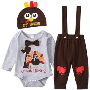 Tinypainter Baby Boy Thanksgiving Outfit Turkey Romper+Suspender Pants My 1st Thanksgiving Clothes 6-12 Months
