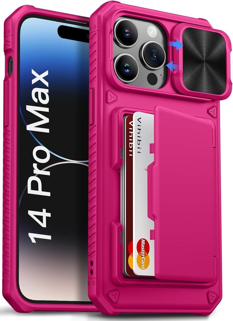Vihibii for iPhone 14 Pro Max Case with Card Holder (4 Cards), [RFID Blocking] & Slide Camera Cover & Raised Edges Protect Screen, Military Grade Drop Protection, Rugged Wallet Case, 6.7", Hot Pink