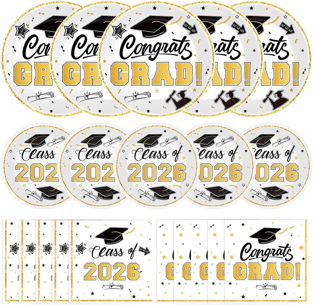 Litmitfu 150 Pcs Graduation Plates and Napkins 2026 - White Gold Congrats Grad Class of 2026 Paper Dessert Dinner Plates Napkins Set for Graduation Party Decorations Supplies Table Decor, Serves 50