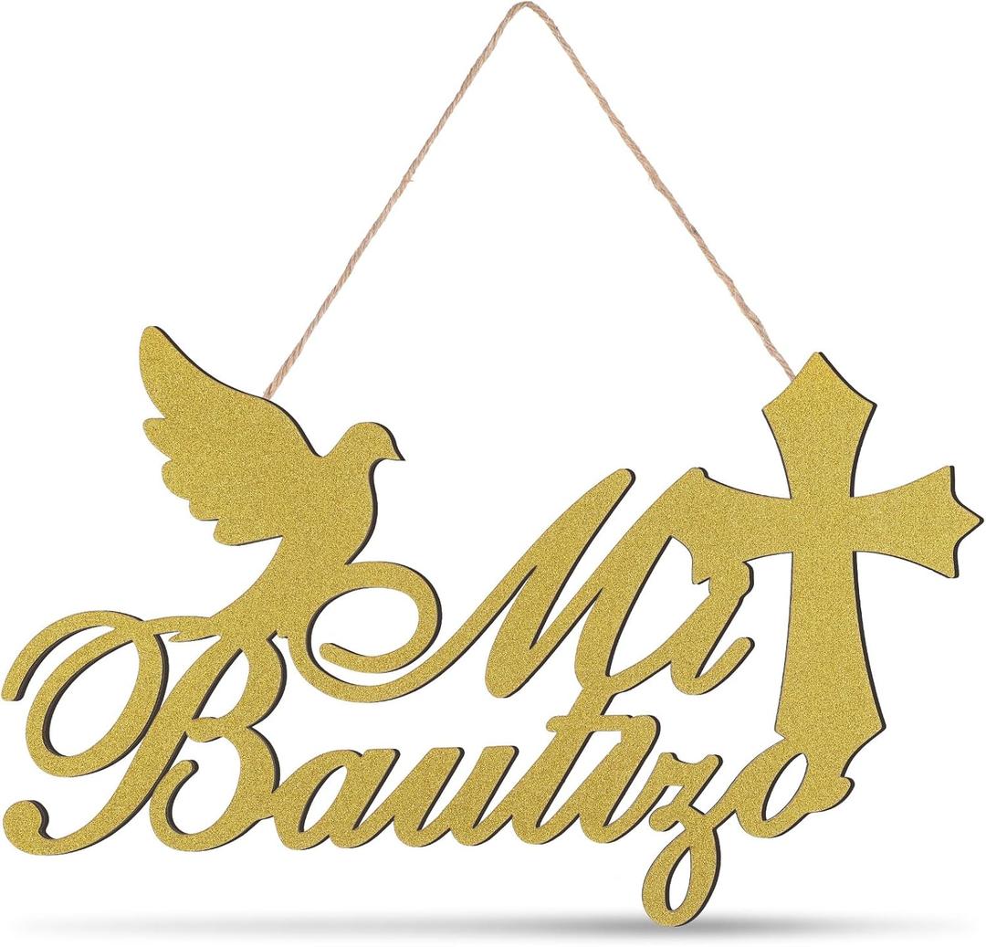 Gerrii Mi Bautizo Letter Sign Glitter Wooden Wall Hanging Baby Shower Decor First Communion Accessories for Baby Shower Supplies Gender Reveal Backdrop Party Christmas Gift Ornaments (20" x 12",Gold)