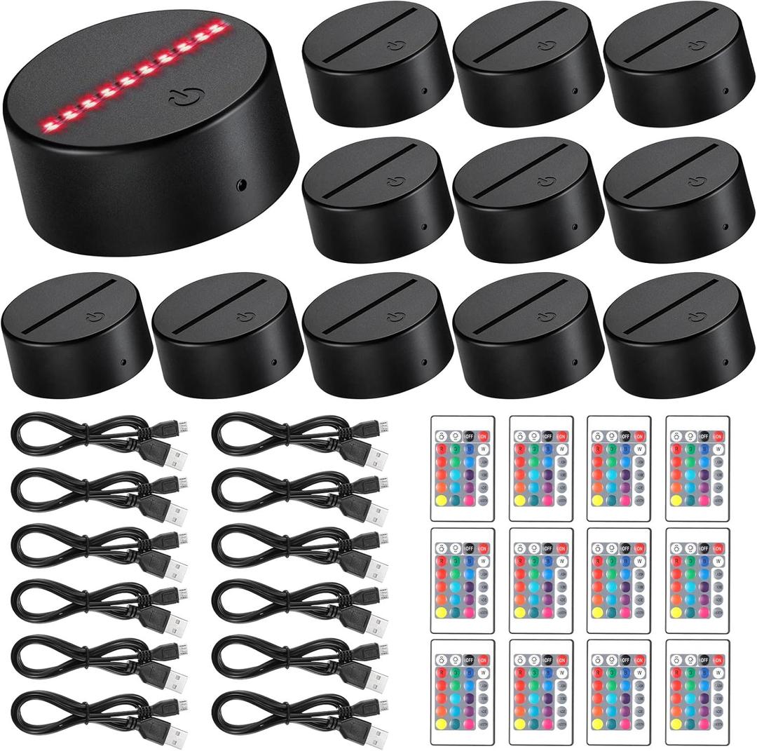 12 Sets 3D Night LED Light Lamp Base 16 Colors LED Light Display Base with Remote Control USB Cable for Acrylic and Resin Glass for Restaurant Room(3.74 Inch,Black)