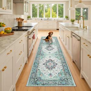 RELEANY Area Rugs 2'x8' Runner Rug Non Slip Washable for Kitchen Hallway Bedroom Beside Laundry Room Bathroom Rug, Floor Carpet, Green Navy Blue White Red Teal Colorful