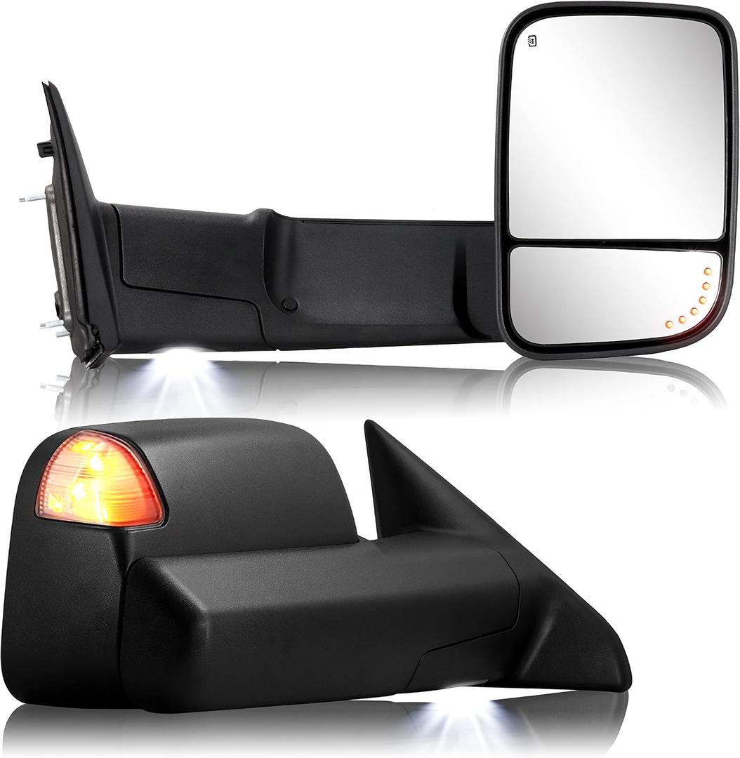 Towing Mirror for Dodge Ram - Replacement fit for 2009-2018 Dodge Ram 1500 2500 3500 Pickup Truck with Power Adjusted Glass Heated LED Turn Signal Light Puddle Lamp Temp Sensor Flip Up Pair Set, Ram Style
