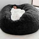 Giant Fur Bean Bag Chair Cover for Kids Adults, (No Filler) Living Room Furniture Big Round Soft Fluffy Faux Fur Beanbag Lazy Sofa Bed Cover (Black, 5FT)