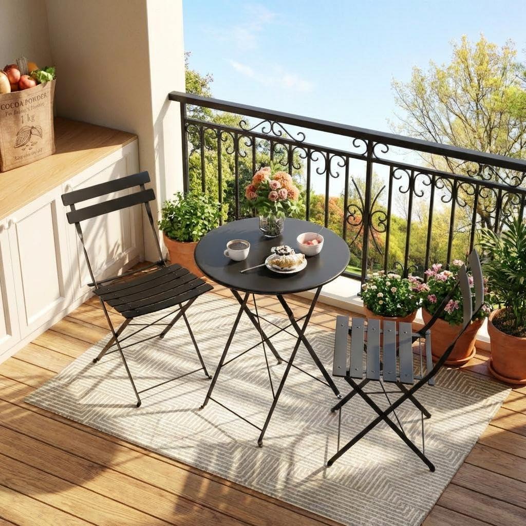 GarveeLife Outdoor Metal Bistro Set, 3-Piece Patio Furniture Set with 2 Chairs and 1 Table, Flat Steel Frame Patio Dining Set for Garden, Balcony, Porch & Backyard,Black