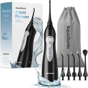 AquaSonic Aqua Flosser - Cordless Rechargeable Water Flosser for Teeth - Waterproof, Portable Oral Irrigator for Dental Cleaning with 5 Jet Tips  Braces Home Travel (Black)