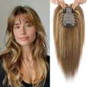 Flufymooz 100% Real Human Hair Toppers, 12 Inch Human Hair Toppers for Thinning Hair Large Hand-woven Area 360 Coverage Natural Hairpiece Wiglet for Women 5"x3" Silk Base (Medium Brown with Blonde)