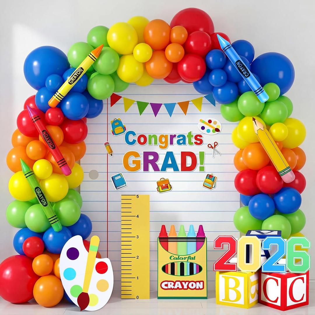 166 Pcs Pre-k Graduation Balloon Arch Kit Preschool Graduation Balloon Arch Large Inflatable Pencil Crayon Balloons Abc Alphabet Blocks Backdrop for Back to School Celebration Party Decor
