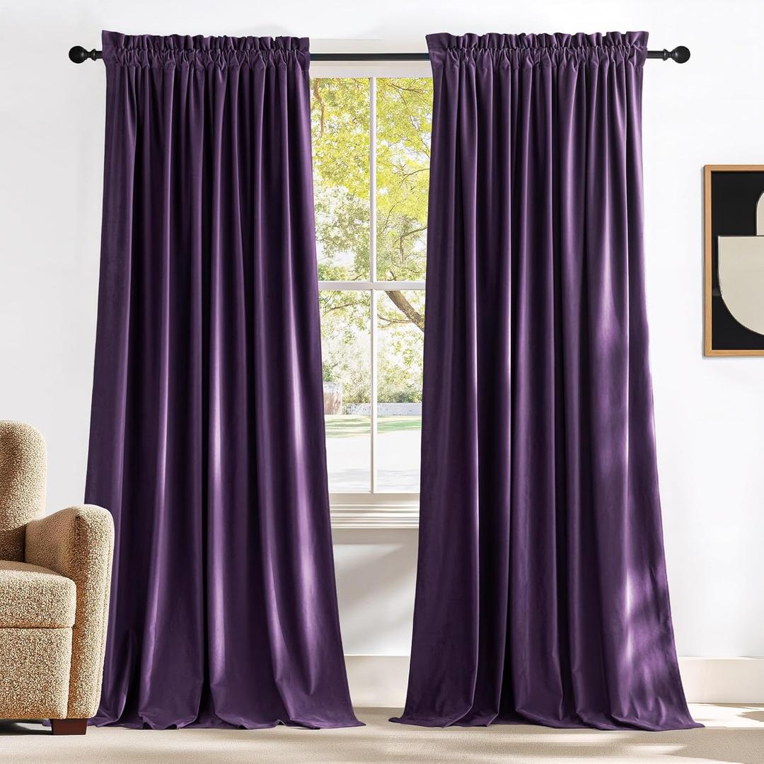 NICETOWN Purple Velvet Blackout Curtains, Solid Heavy Matt Rod Pocket Drapes/Window Treatments for Hall, Theater (2 Pieces, 96 inches Long)