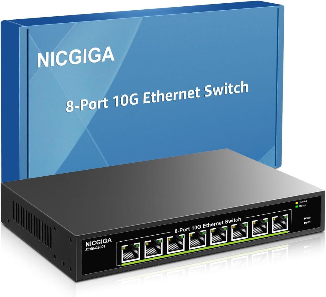 8 Port 10G Ethernet Switch Unmanaged,with 8X 10Gb Base-T Ports, NICGIGA 10Gbps Network Switch Easy for 10G NAS,PC,WiFi7 Router,10G Adapter/NIC. Desktop or 19-inch Rack Mount, Plug and Play.