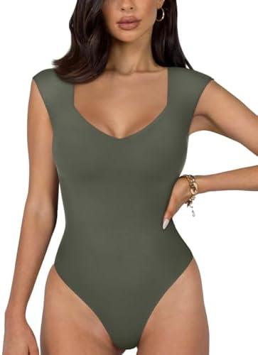 REORIA Butsmooth® Women's Trendy Sexy Casual V Neck Double Lined Sleeveless Slimming Going Out Tank Top Bodysuits S