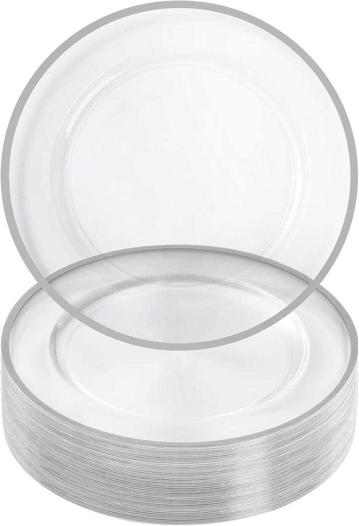 Goodluck 12 Inch Silver Charger Plates, 50 Pack Clear With Silver Trim, Disposable Plastic for Dinner, Wedding, Party