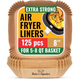 Air Fryer Paper Liners, 125Pcs Air Fryer Disposable Liners, Non-Stick and Oil Proof for Easy Cleanup, 8” Square for 5-8 qt Basket by Baker's Signature