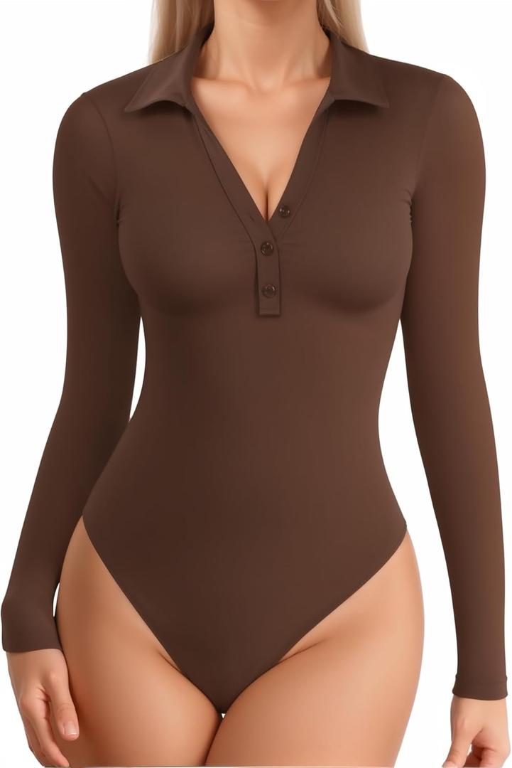 MANGOPOP Henley Bodysuit for Women Button Down Long Sleeve Tops Body Suits Dressy Blouse Casual (Brown, XL)