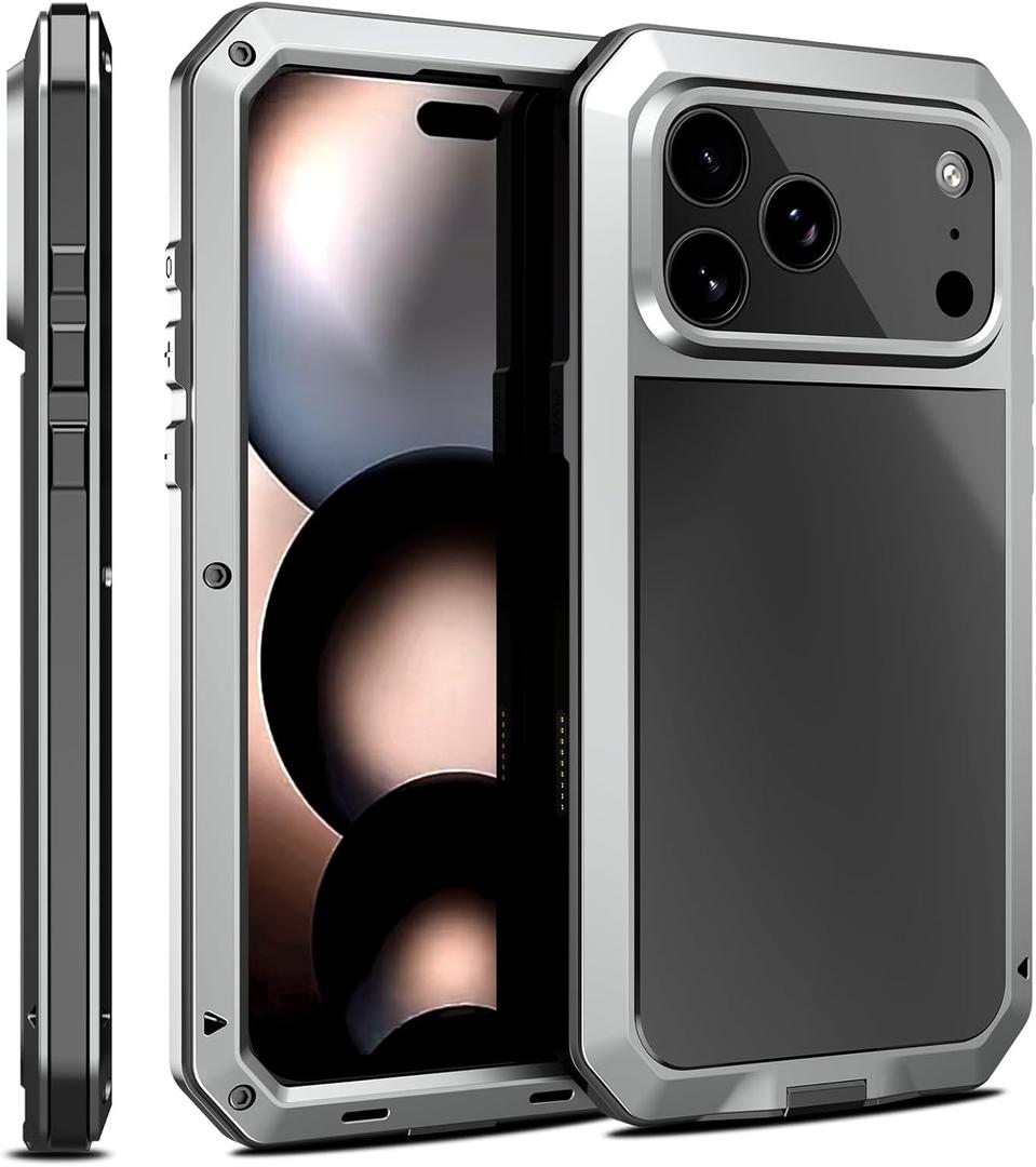 Marrkey Compatiable with iPhone 17 Pro Max Case,360 Full Body Protective Cover Heavy Duty Shockproof [Tough Armour] Aluminum Alloy Metal Case with Silicone Built-in Screen Protector - Silver