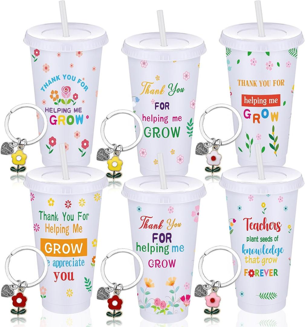 Sliner 6 Set Back to School Teachers Appreciation Gifts Thank You for Helping Me Grow Cups with Lids and Straws with Flower Keychain 24oz Inspirational Tumblers Graduation Teacher Supplies for Women