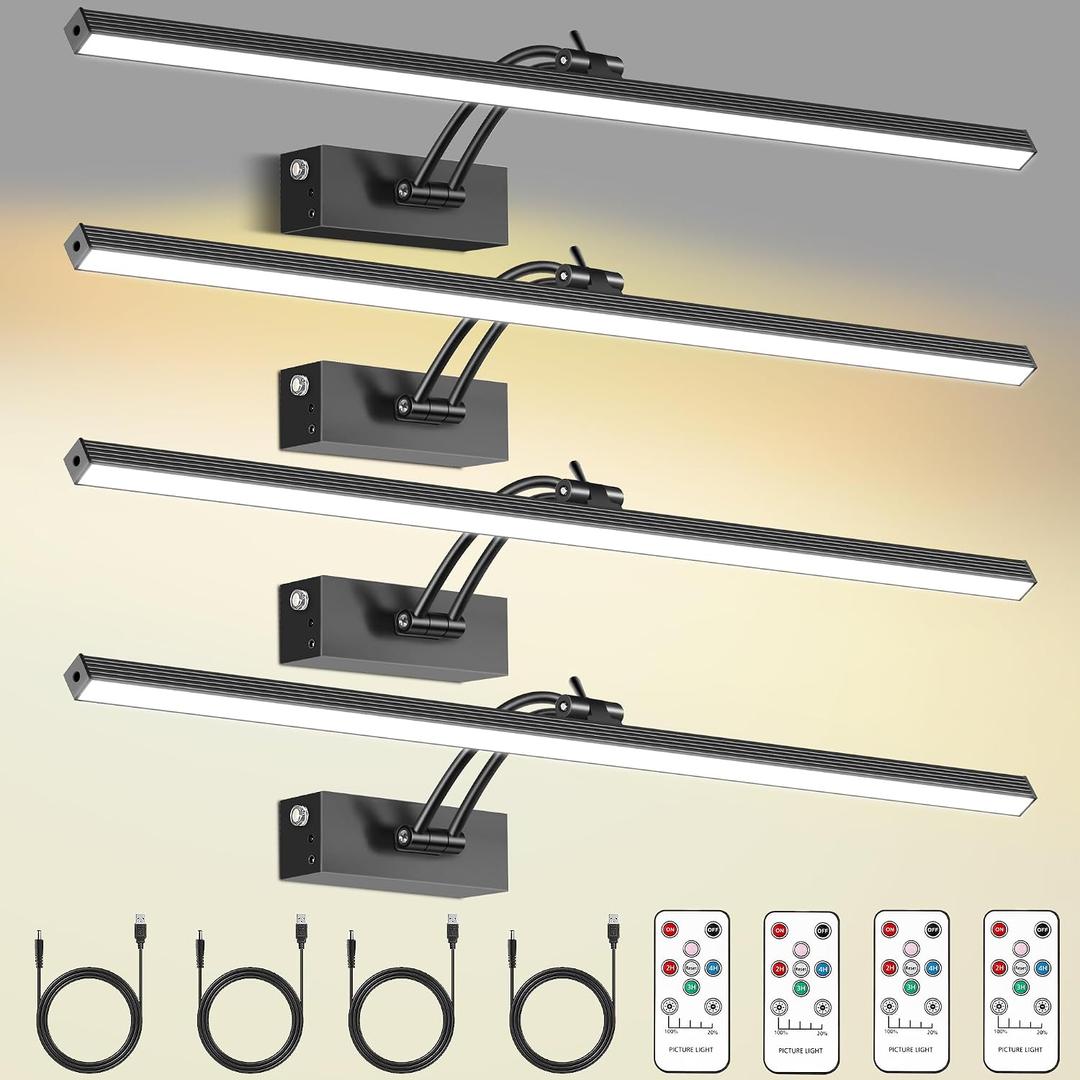 4 Pack Picture Lights for Wall, 23in Art Lighting for Paintings Cordless, 6400mAh Rechargeable Battery Operated Picture Light with Remote Dimmable and Timer for Artwork, Gallery, Display, Black