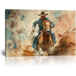 Cowboy Wall Art Pictures Vintage Horse Poster Canvas Prints Western Cowboy Artwork Wall Decor for Living Room Bedroom Office Home Decorations Framed Ready to Hang (18''H x 24''W)