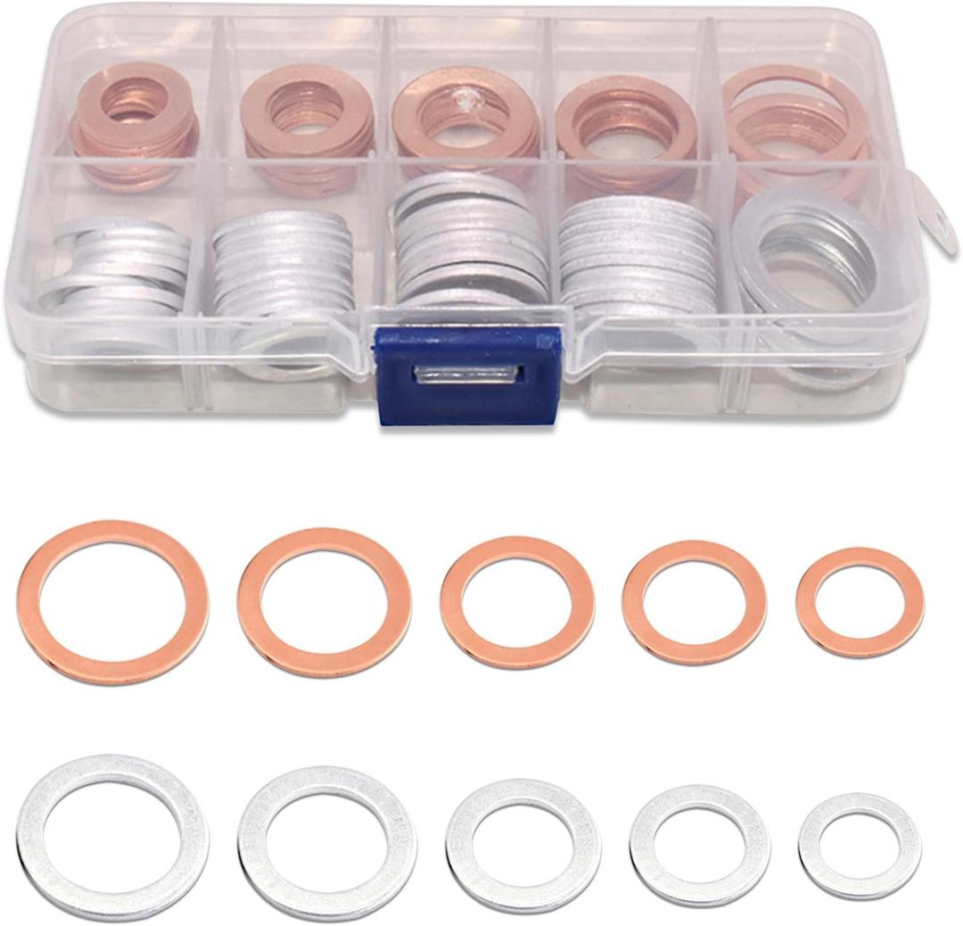100 PCS Oil Drain Plug Crush Washer, M10 M12 M14 M16 M18 2 Material Gasket Combination Set, High Temperature Resistant Leak-Proof Seals with Storage Case, for Most Cars (Silver & Gold)