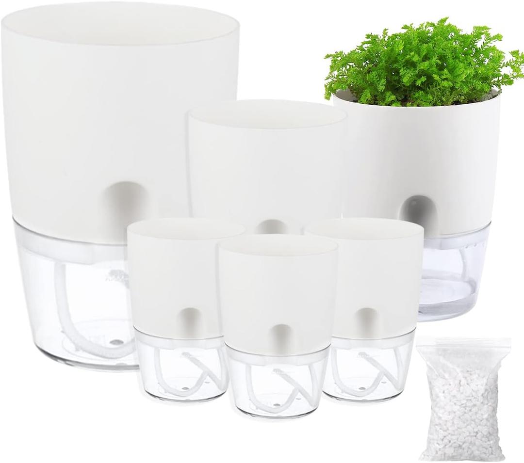 Self Watering Pots for Indoor Plants 6 Pack of 3.2/4/6 Inch Self Watering Planters Plant Pots with Decorative Stones Flower Pot Plant Pots Indoor (Mixed Size, White)