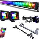 RGBW LED Light Bar 52Inch 300W Flood Spot Combo 2x 4Inch Flood RGB LED Pods w/ 16 Solid Colors Chasing Ring Changing with Strobe Flashing + Upper Windshield Mounting Brackets Fit Wrangler JK 2007-2018