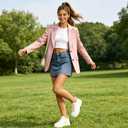 Womens Casual Blazer Open Front Long Sleeve Suit Jackets Work Office Outfits (Pink, L)