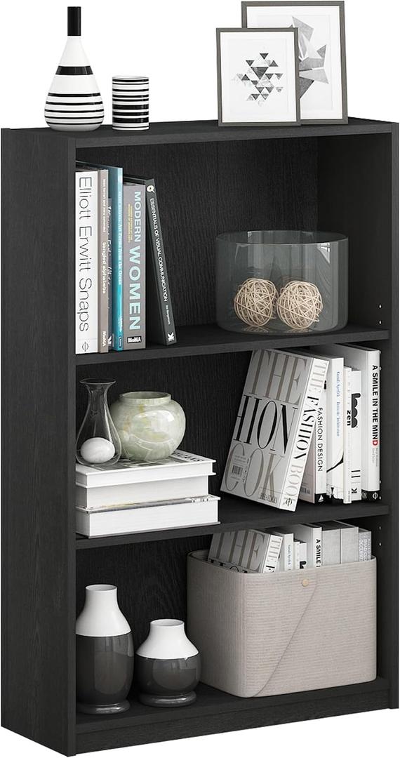 Furinno Jaya Book Shelf, 3-Tier Bookshelf, Bookcase with Adjustable Shelves, 9.5 x 24.5 x 40.3, for Organization and Storage, for Living Room, Bedroom, Home Office, Blackwood
