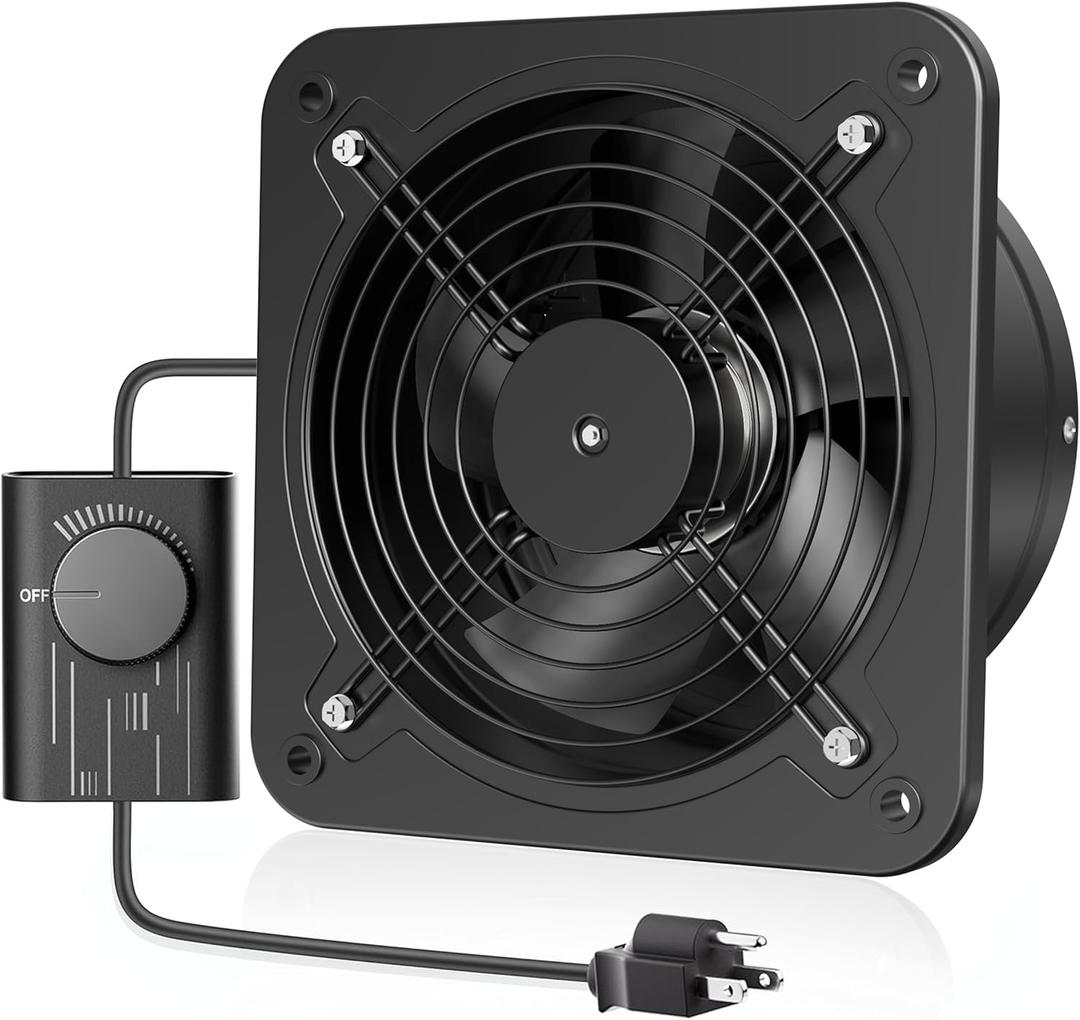 HG Power 10 Inch Exhaust Fan with Speed Controller, 988 CFM Kitchen Exhaust Fan with Damper, Metal Extractor Fan for Window, Attic, Ceiling, Basement Ventilation (Black)